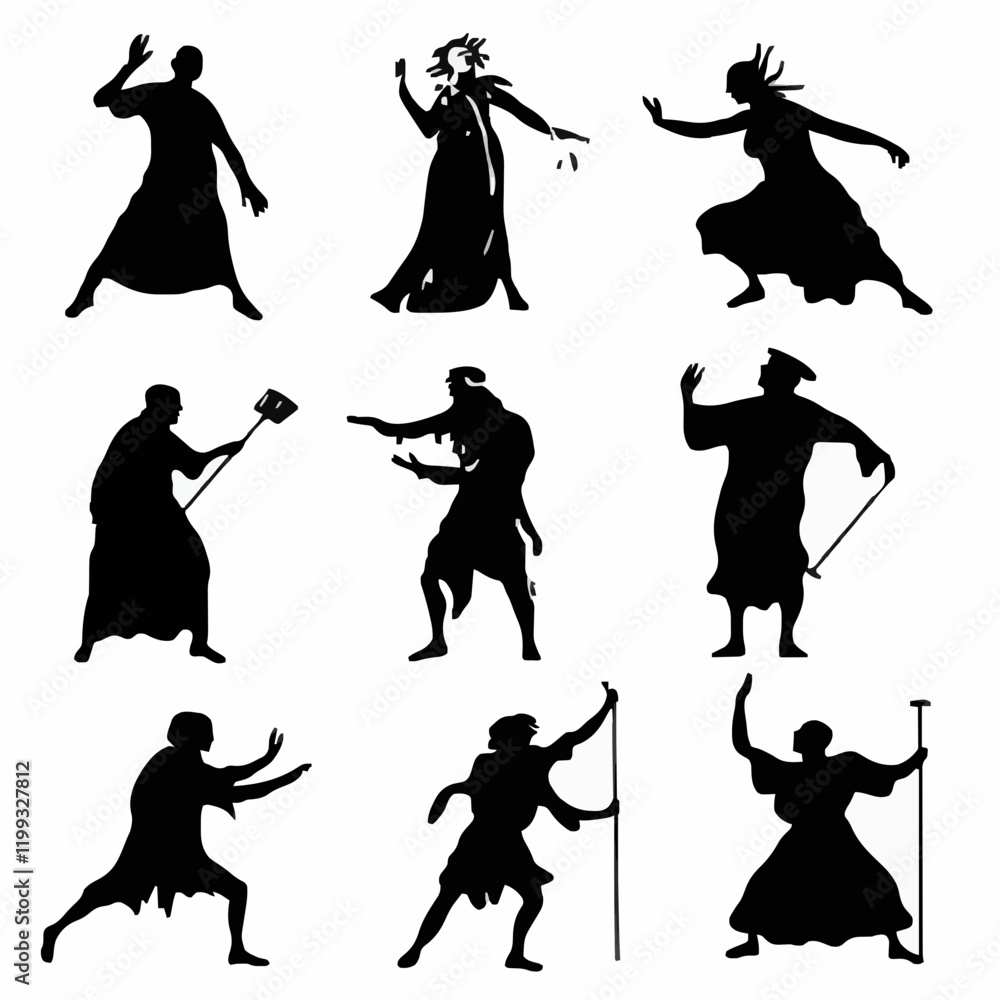 Obraz premium 10 black simple silhouette depictions of humans performing various professional activities on a white background