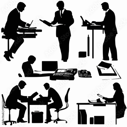 10 black simple silhouette depictions of humans performing various professional activities on a white background