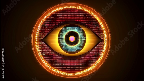 Glowing eye encircled by swirling colorful binary and programming codes in a sleek futuristic aesthetic photo