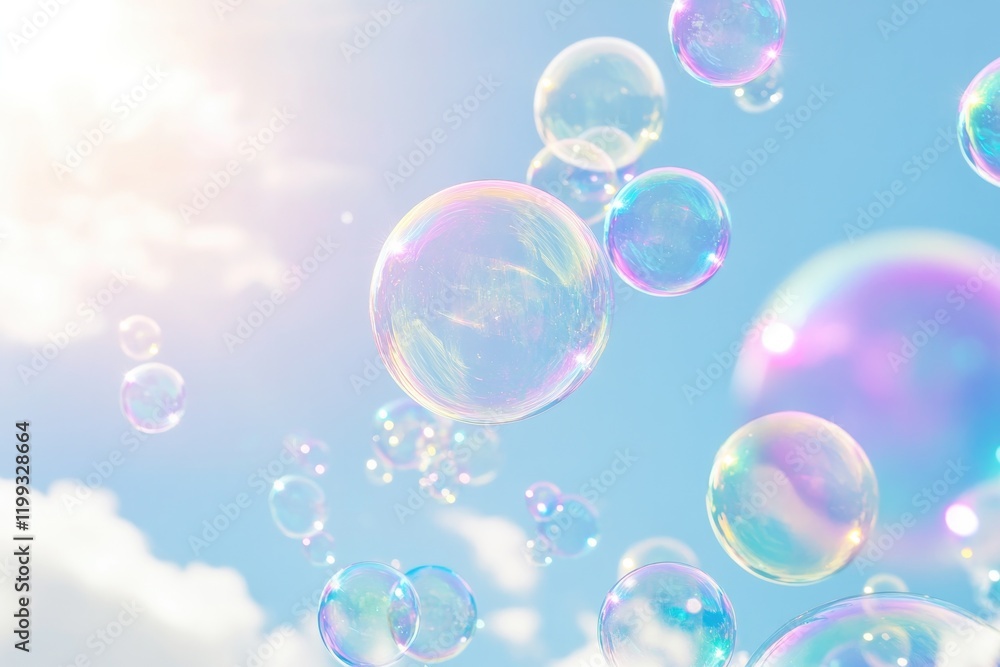 Colorful bubbles float against bright blue sky, reflecting sunli Colorful bubbles float against bright blue sky, reflecting sunli
