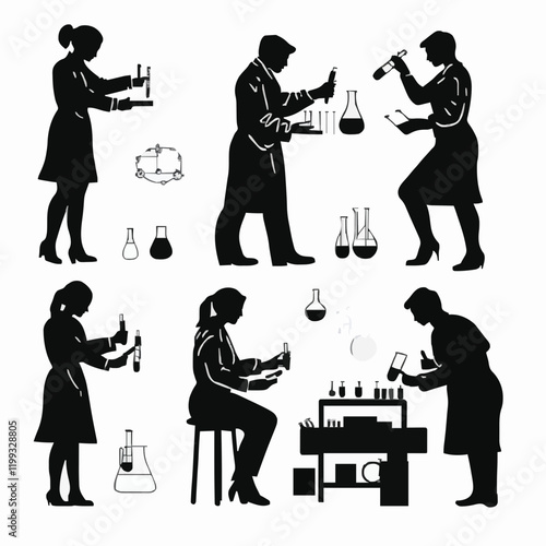 10 black simple silhouette depictions of humans performing various professional activities on a white background