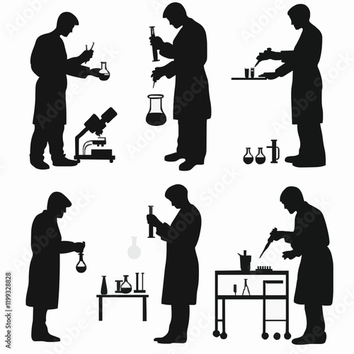 10 black simple silhouette depictions of humans performing various professional activities on a white background