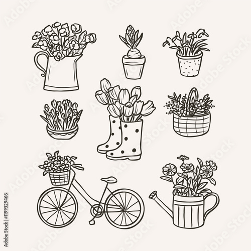 Hand drawn spring botanicals collection. Cottagecore style