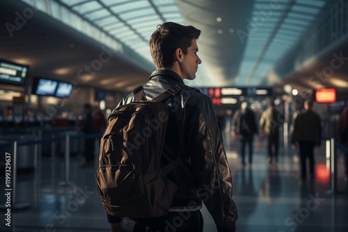 A traveler stands in an airport, gazing forward amidst a busy terminal filled with passengers and bright screens.