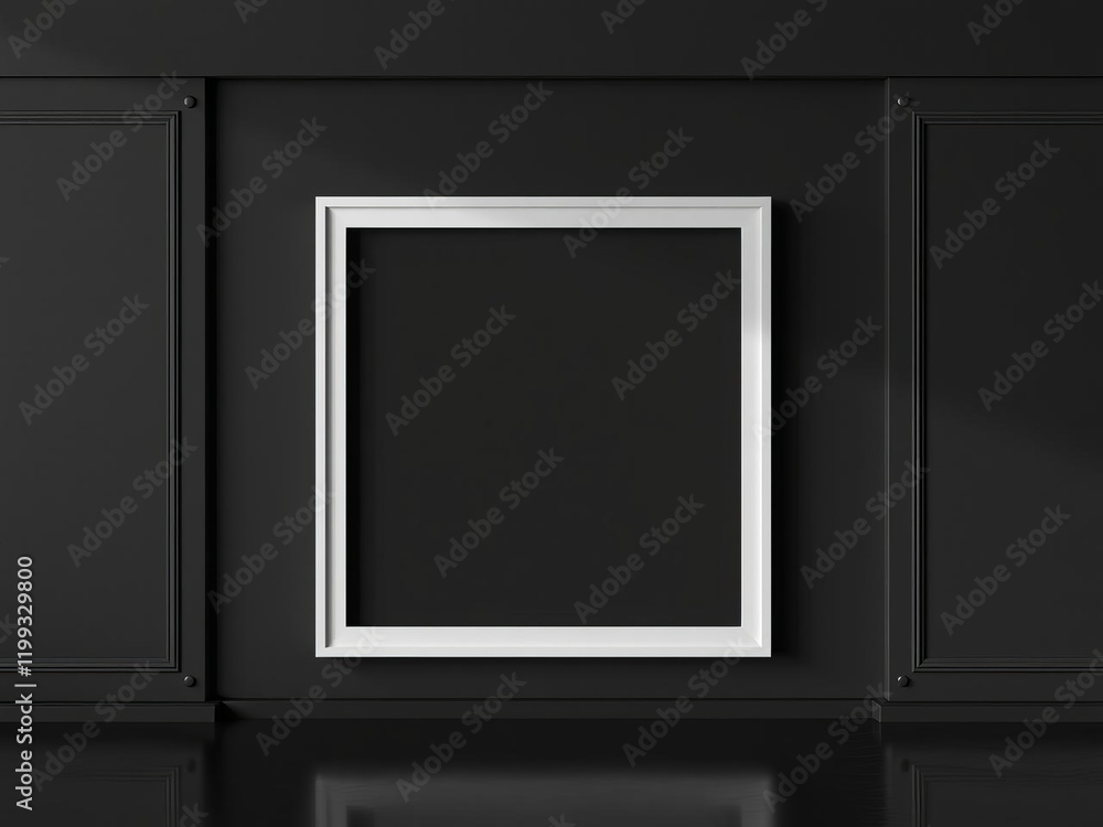 Black square picture frame hanging against a clear backdrop, copy space, minimalistic, black Black square picture frame hanging against a clear backdrop, copy space, minimalistic, black