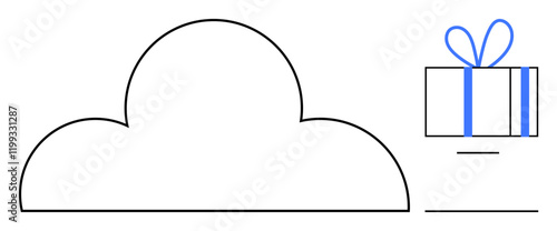 Cloud shape and gift box with blue ribbon on the right. Ideal for weather, online storage, gift services, app marketing, festive themes, educational materials, holiday promotions. Line metaphor