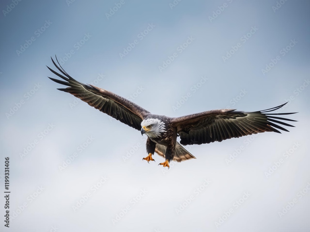 Naklejka premium Close up of a fierce eagle in mid flight with outstretched talons, predator, flight, nature