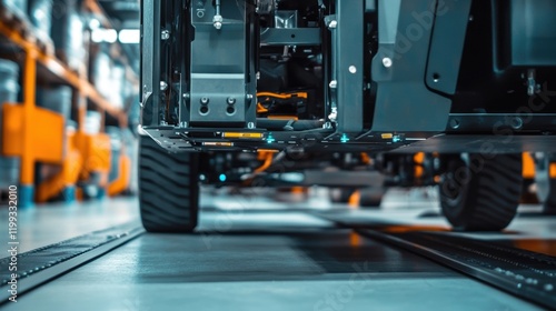 The undercarriage of a selfdriving forklift with intricate sensors and antennas mounted emphasizing the 5G connectivity setup essential for navigating through narrow aisles filled with photo