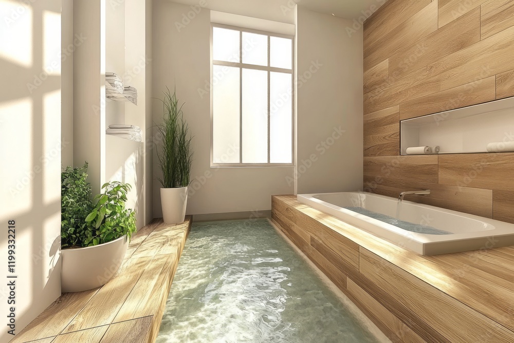 Fototapeta premium Modern minimalist bathroom with sunken bathtub and wooden accents