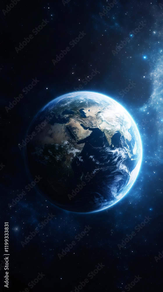 Fototapeta premium Spinning planet revealing illuminated landmasses, dark oceanic surfaces, amid starry cosmic backdrop of infinite space