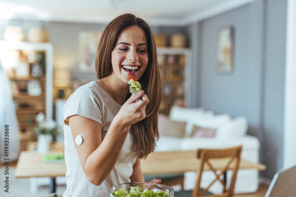Cheerful Woman Enjoying a Fresh Salad in Her Modern Living Room Cheerful Woman Enjoying a Fresh Salad in Her Modern Living Room