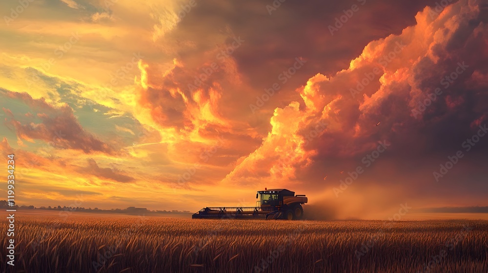 Fototapeta premium Combine Harvester Working Golden Sunset Field