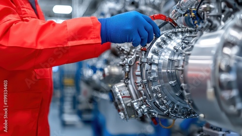 Aircraft engine repair by technician in industrial environment focused viewpoint on precision engineering