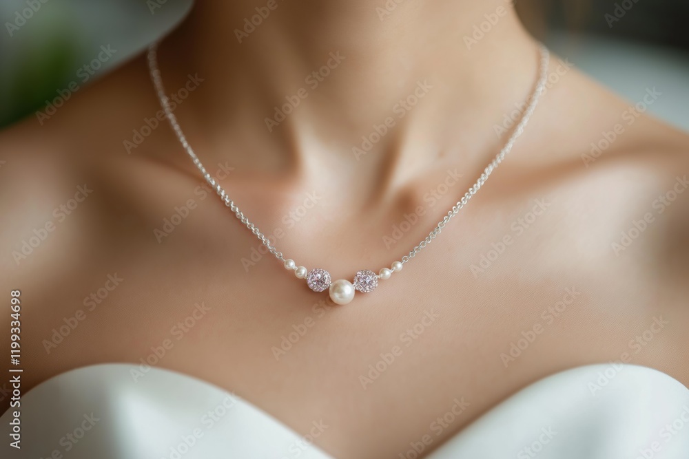 A woman wearing a necklace with a pearl pendant. The necklace is silver and has a chain A woman wearing a necklace with a pearl pendant. The necklace is silver and has a chain