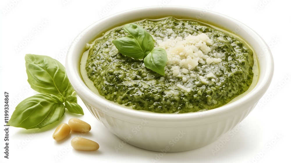Closeup green pesto sauce white ceramic container shredded parmesan cheese and basil leaves, pines and herbs around, plain white background, italian food ingredients sauce