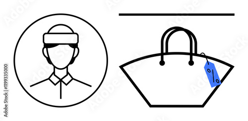 Shopper wearing virtual reality headset interacting concept with a handbag displayed with a price tag. Ideal for virtual shopping, online retail, augmented reality, e-commerce, consumer behavior
