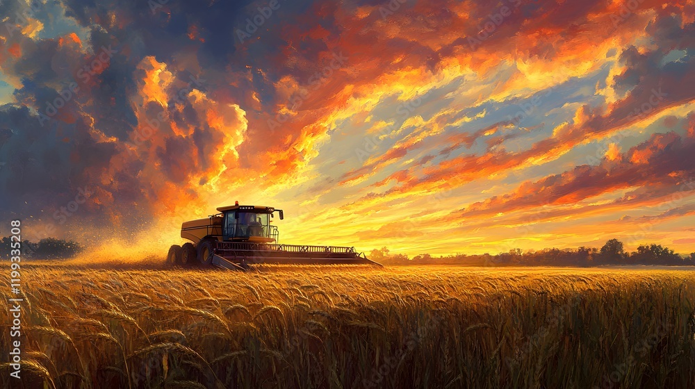 Fototapeta premium Harvest Combine Working Golden Sunset Field