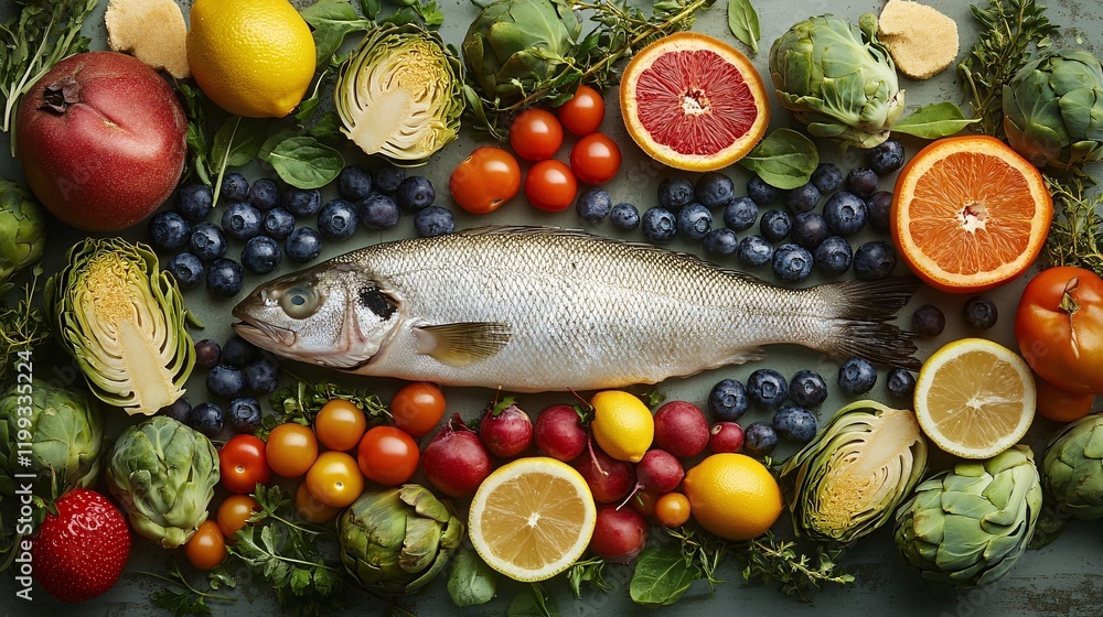 Overhead view of nutritious clean eating ingredients: fish, veggies, artichokes, Brussels sprouts, fruits, legumes, and blueberries, with space for text. Overhead view of nutritious clean eating ingredients: fish, veggies, artichokes, Brussels sprouts, fruits, legumes, and blueberries, with space for text.