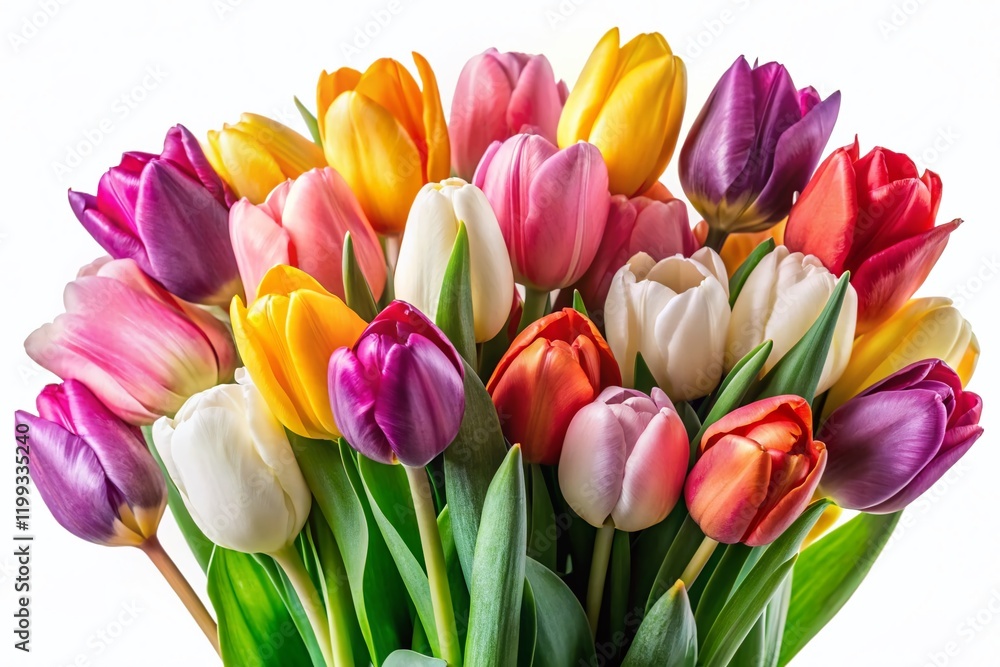Vibrant Close-up Panoramic of Tulips on White Background – Perfect for Design Projects Vibrant Close-up Panoramic of Tulips on White Background – Perfect for Design Projects
