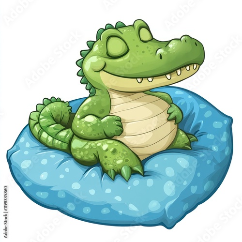 Green cartoon alligator sleeps on a blue polka dot cushion. Children?s book use photo