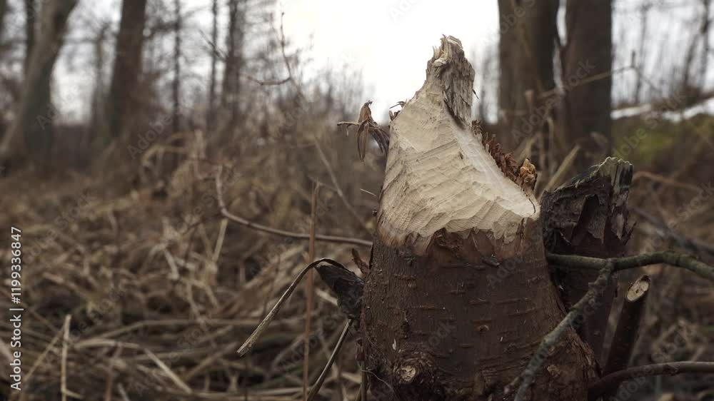 a stump in the forest that has been gnawed by a beaver a stump in the forest that has been gnawed by a beaver