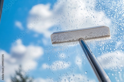 Rubber squeegee cleans a soaped window and clears a stripe of blue sky with clouds, concept for tranparency or spring cleaning, copy space in the background, Generative AI photo