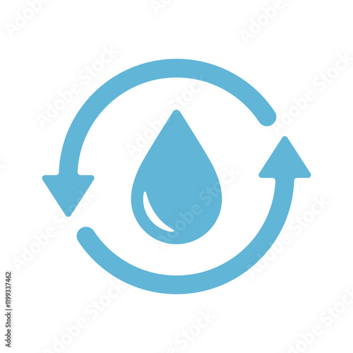 Water drop and arrows graphic icon. Renewable natural resource and water recycling symbol. Vector illustration