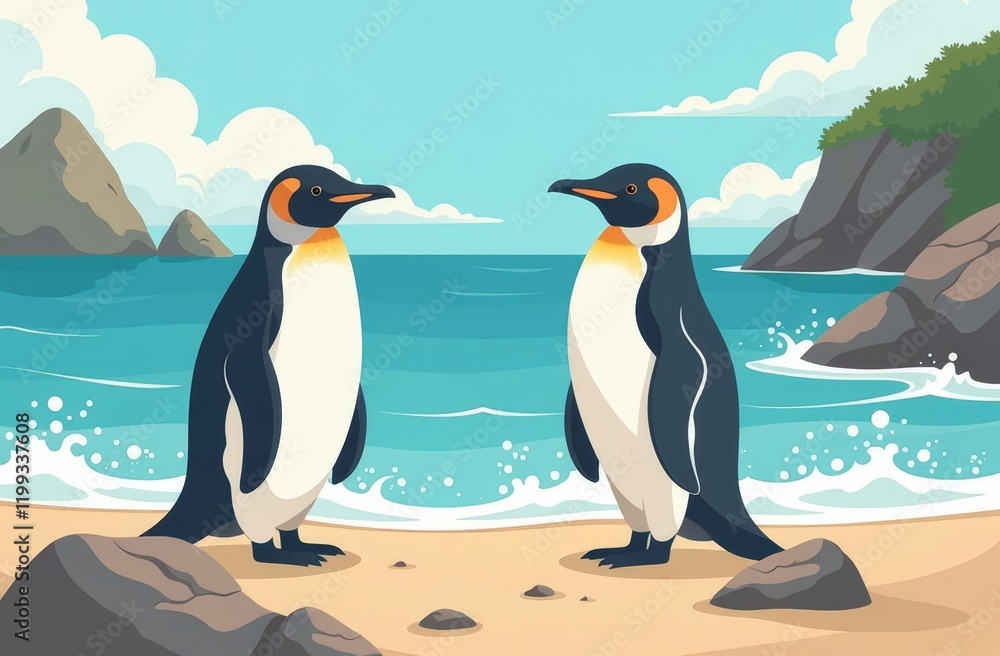 Obraz premium Two penguins standing on a sandy beach with turquoise ocean waves, rocky cliffs, and a bright blue sky with fluffy clouds