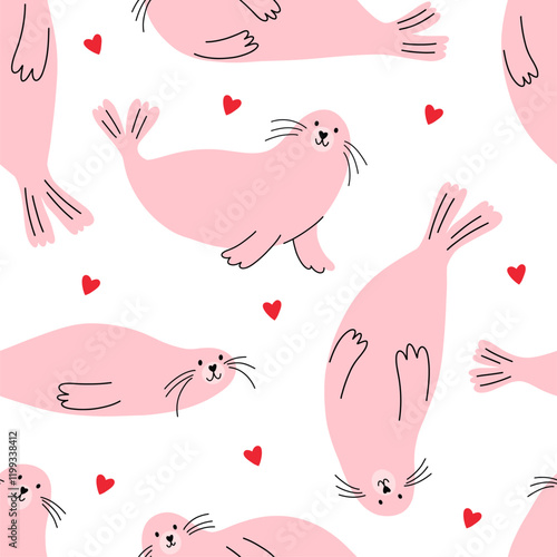 Cute cartoon Seal. Happy Valentine's Day vector card in flat style. Playful seamless pattern Seal with heart