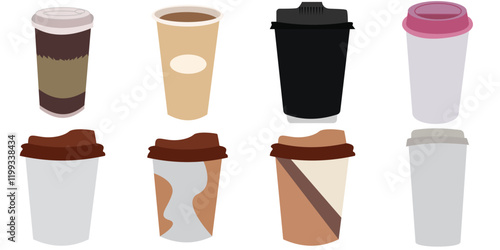 set of cardboard paper cups. Hot coffee and tea takeaway paper cup with lids. Disposable craft brown, white paper coffee and tea cup.