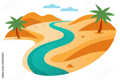 "Desert Oasis River Vector Illustration: Rare River in Arid Landscape"

