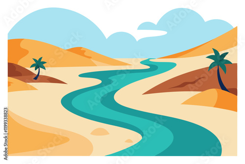 "Desert Oasis River Vector Illustration: Rare River in Arid Landscape"

