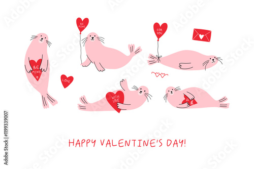 Cute cartoon Seal. Happy Valentine's Day vector card in flat style. Playful print Seal with heart