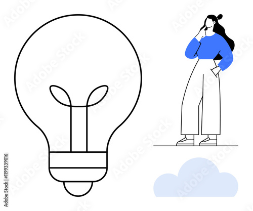 Woman thoughtfully posing next to large light bulb and small cloud. Ideal for creativity, inspiration, innovation, problem-solving, brainstorming, idea generation, contemplation. Simplistic design