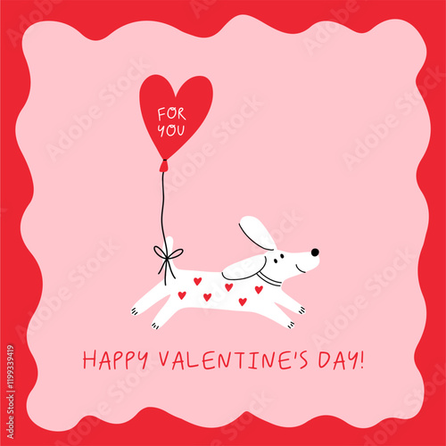 Cute cartoon Dog. Happy Valentine's Day vector card in flat style. Playful print pet with heart
