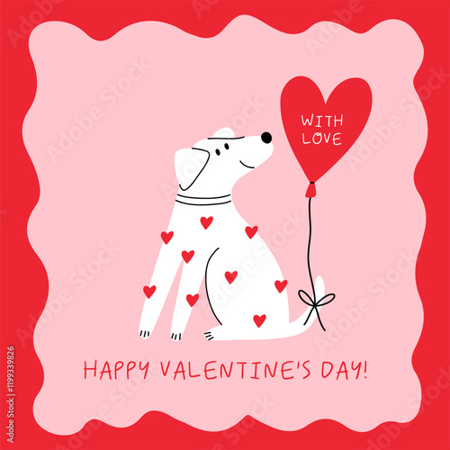 Cute cartoon Dog. Happy Valentine's Day vector card in flat style. Playful print pet with heart