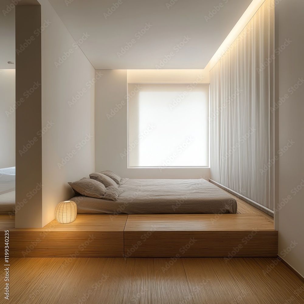 Fototapeta premium Minimalist Modern Bedroom Design With Wooden Platform Bed