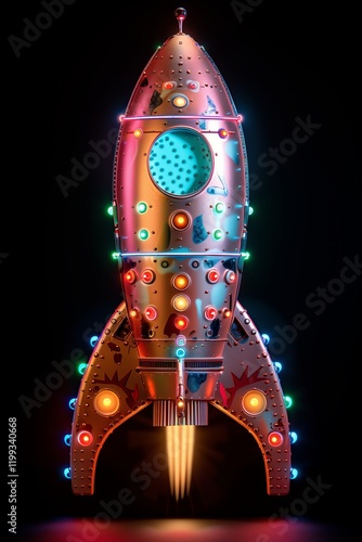 Fototapeta Naklejka Na Ścianę i Meble -  A vibrant, retro-style rocket with colorful lights ready for an adventure in space exploration.