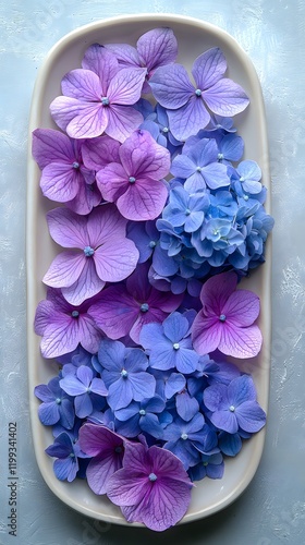 An Elegant Flat Lay of Lavender and Hydrangea Blossoms Reveling in the Scents and Colors of Summer Gardens photo