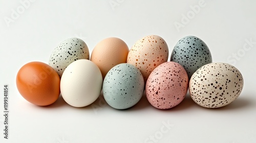 A row of eggs with different colors and patterns. The eggs are arranged in a line, with some being larger than others. The eggs are all different sizes and colors, creating a visually interesting
