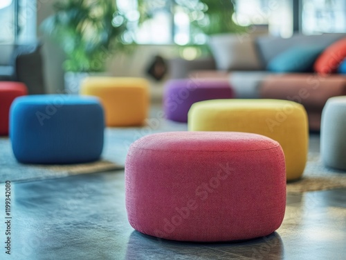 Colorful Stool Arrangement in a Modern Space with Soft Natural Lighting and DÃ©cor photo