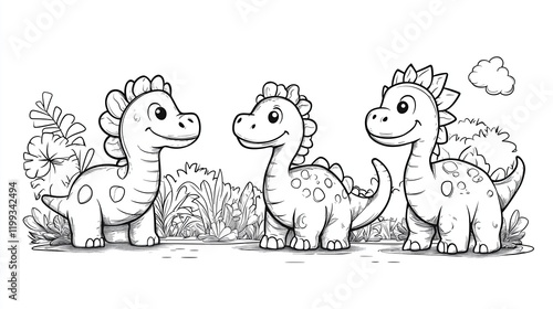 Fototapeta Naklejka Na Ścianę i Meble -  Coloring page for kids. Three baby dinosaurs are standing in a field. 