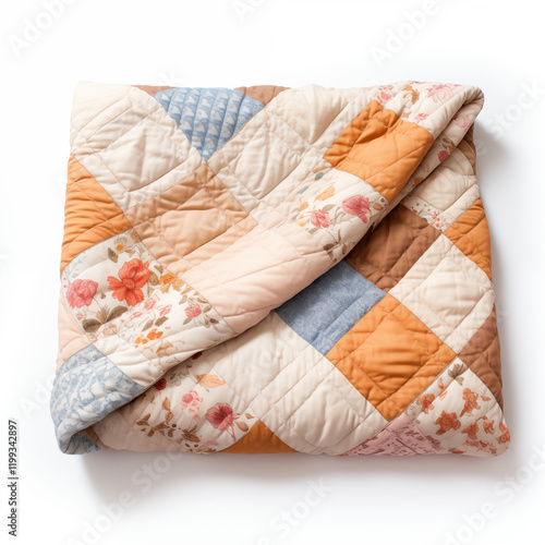 Folded Patchwork Quilt Beige Orange Floral Cotton Fabric