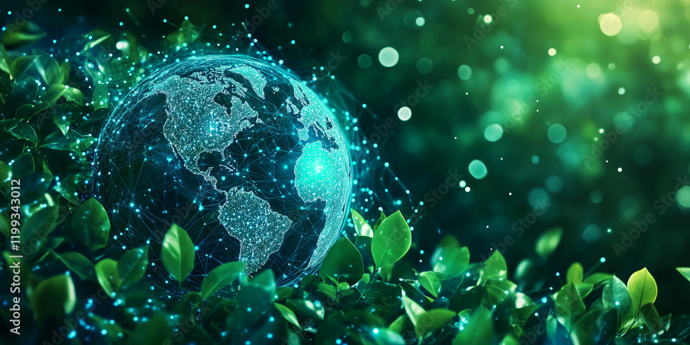 Fototapeta premium Digital representation of Earth surrounded by lush green leaves symbolizing nature and technology