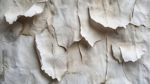 A close-up image of peeling, textured white material with brown stains and rough edges photo