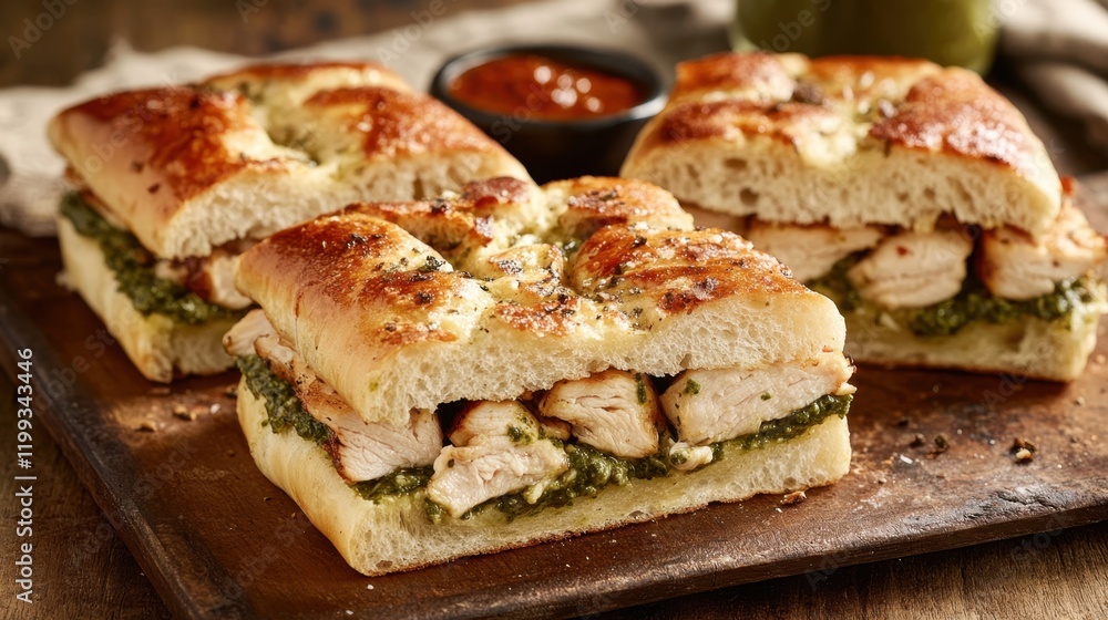 Grilled chicken focaccia sandwich with pesto and sauce on a rustic wooden board Grilled chicken focaccia sandwich with pesto and sauce on a rustic wooden board