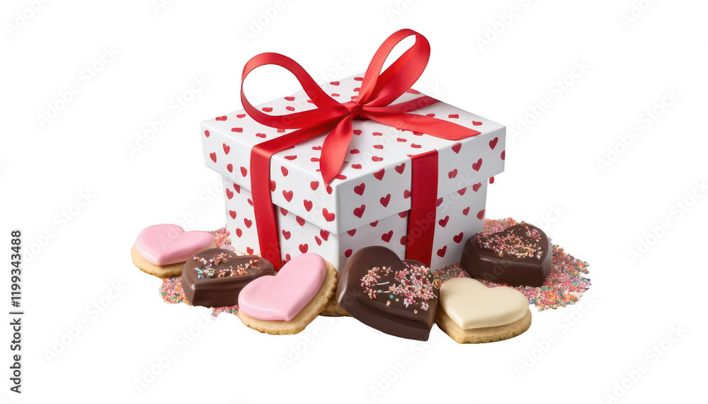 Heart-shaped sugar cookies and chocolates spilling from an elegantly opened gift box, with delicate icing and candy sprinkles scattered all around, on a white transparent background PNG Heart-shaped sugar cookies and chocolates spilling from an elegantly opened gift box, with delicate icing and candy sprinkles scattered all around, on a white transparent background PNG