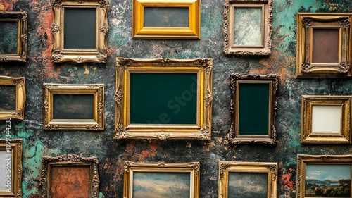 Wallpaper Mural Artistic display of empty picture frames arranged on a textured wall with vintage aesthetic in a creative space Torontodigital.ca