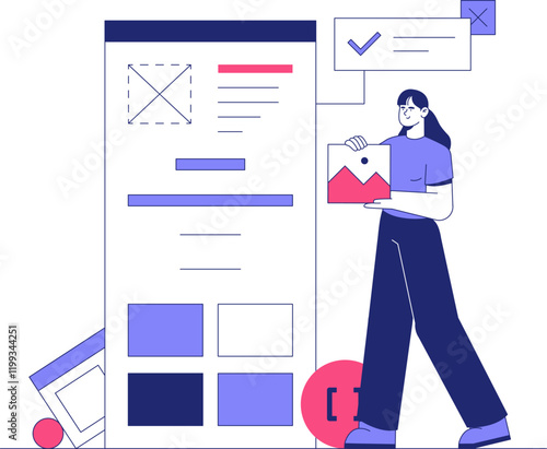 Female Designer Arranging Website Layout In Flat Vector Illustration Symbolizing Web Design, Creative Workflow, And UI Development, Isolated On White Background.