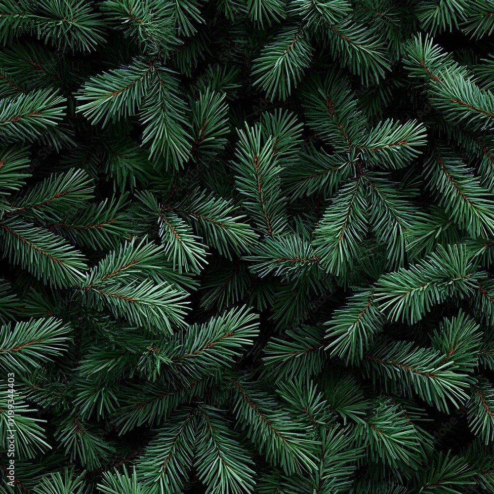 Lush, dark green pine branches create a dense, textured background.